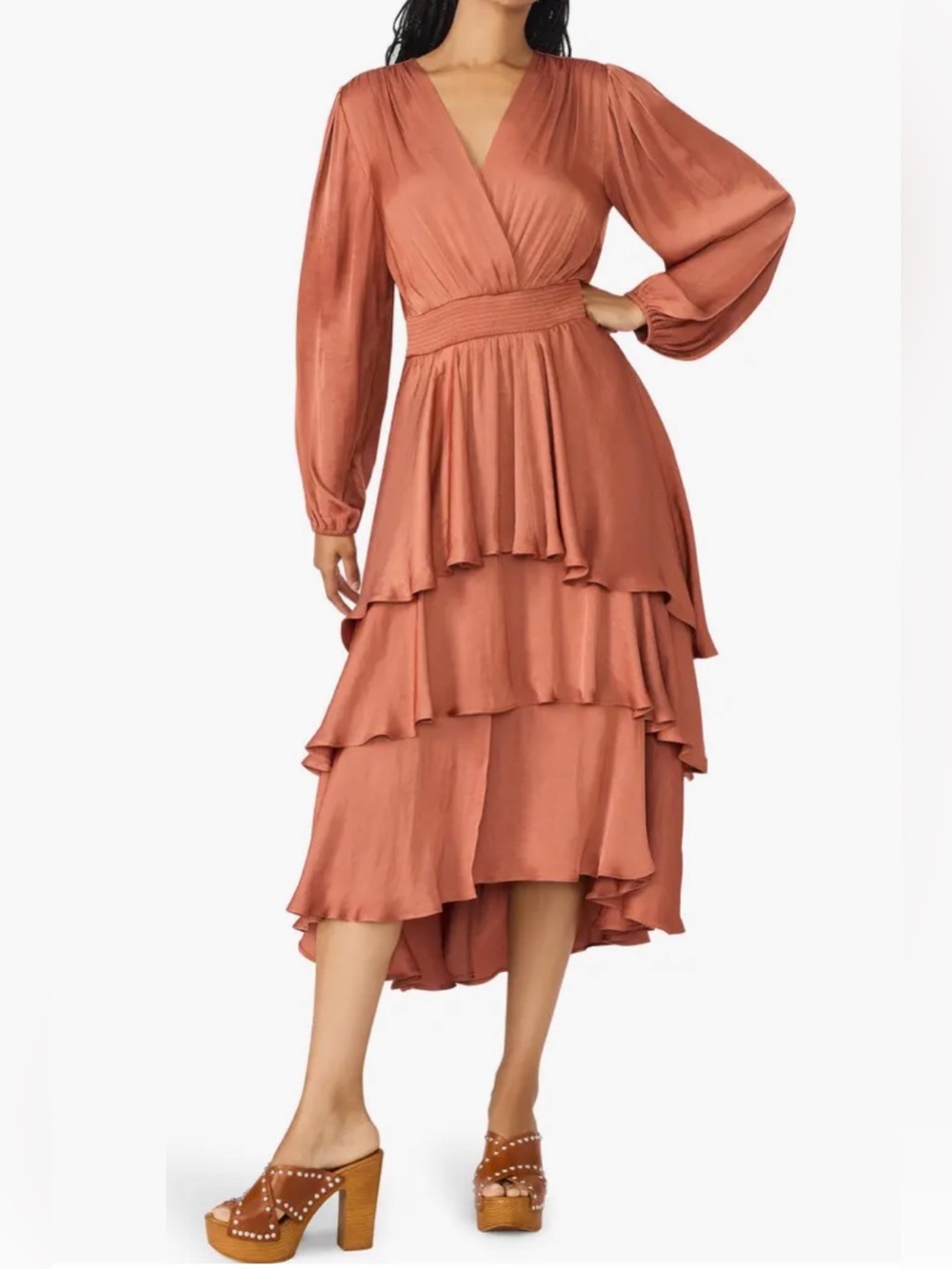 Steve Madden Rust Tiered Wrap Midi Dress